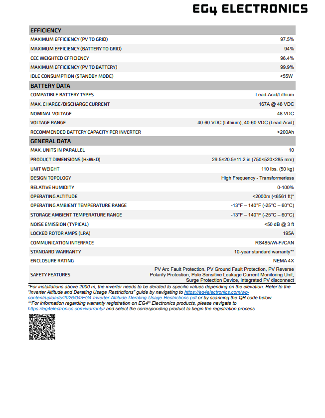 EG4 12kPV Hybrid Inverter (1511096) - datasheet specifications