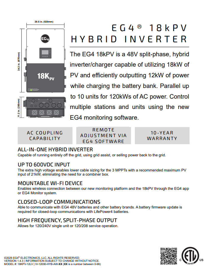 EG4 18kPV Hybrid Inverter (1511104) - product photo