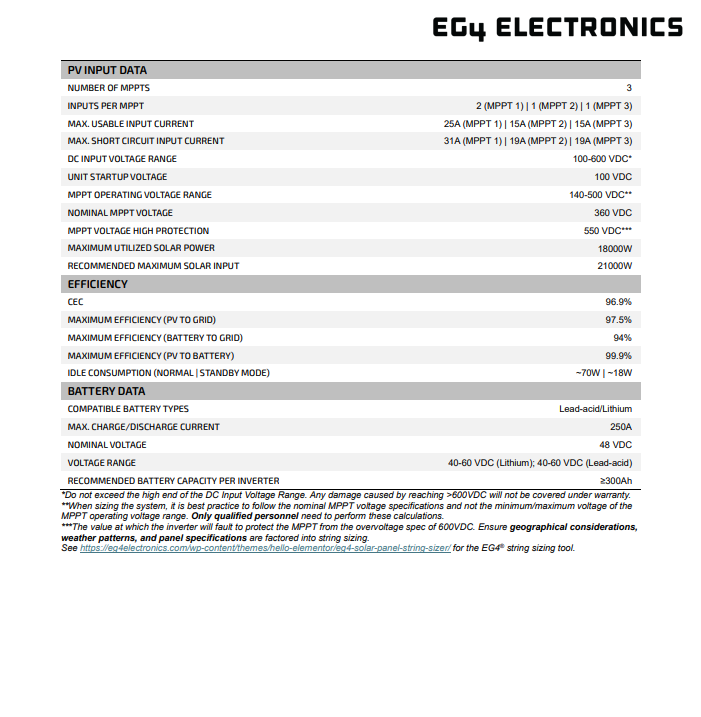 EG4 18kPV Hybrid Inverter (1511104) - datasheet specifications