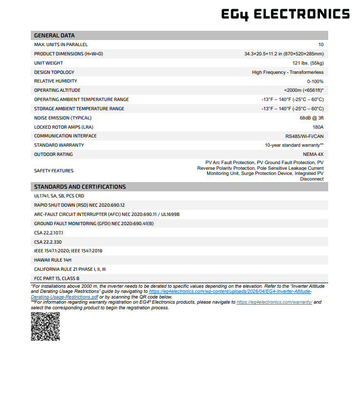 EG4 18kPV Hybrid Inverter (1511104) - datasheet specifications