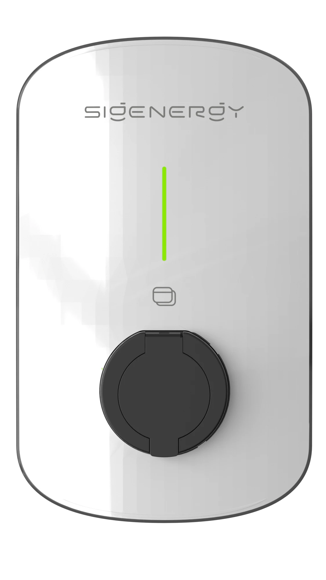 Sigenergy Sigen EVAC EV charger - front view, white NEMA 4X wall-mounted unit with green LED indicator