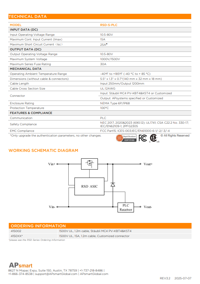 APSmart Rapid Shut Down Single spec sheet datasheet