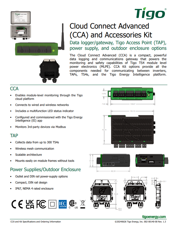 Tigo Cloud Connect Advance Kit Outdoor CCA spec sheet datasheet