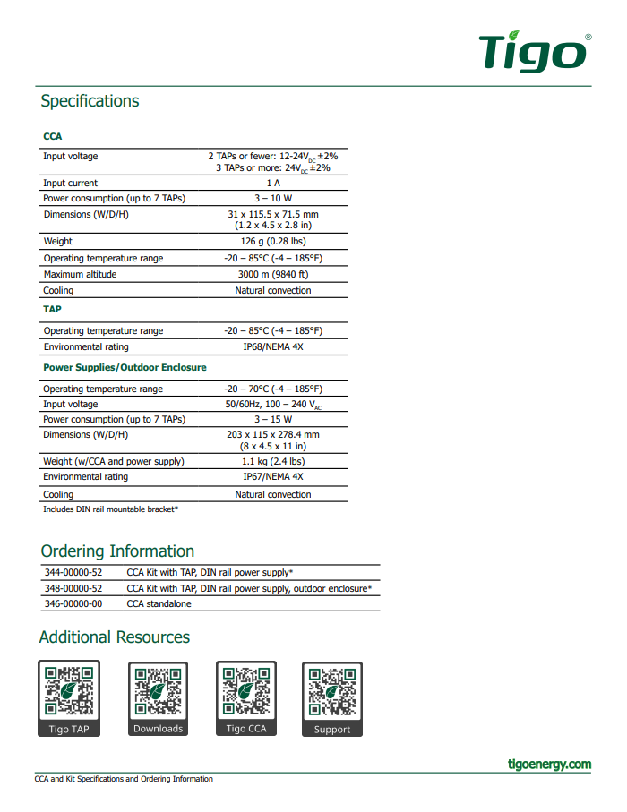 Tigo Cloud Connect Advance Kit Outdoor CCA spec sheet datasheet