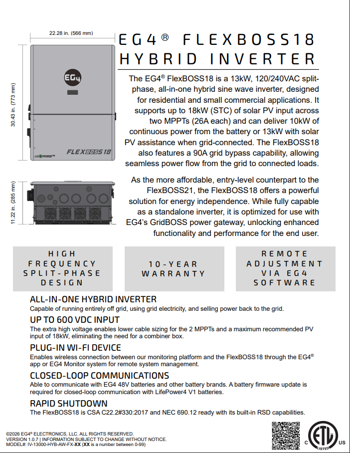 EG4 FlexBOSS18 13kW AC Hybrid Inverter (1589004) - product photo