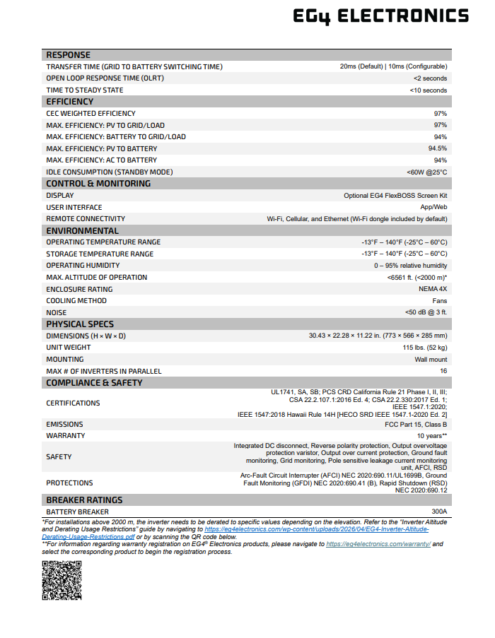 EG4 FlexBOSS18 13kW AC Hybrid Inverter (1589004) - datasheet specifications