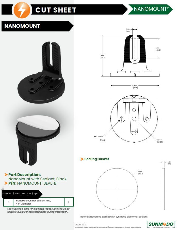 Sunmodo NanoMount-Seal-B Shingle Roof Mount spec sheet