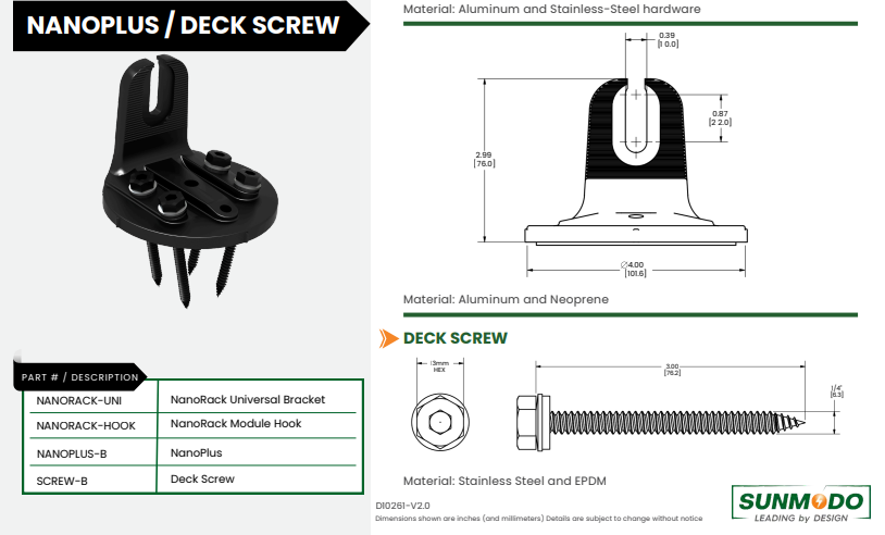Sunmodo NanoPlus-B Shingle Roof Mount spec drawing