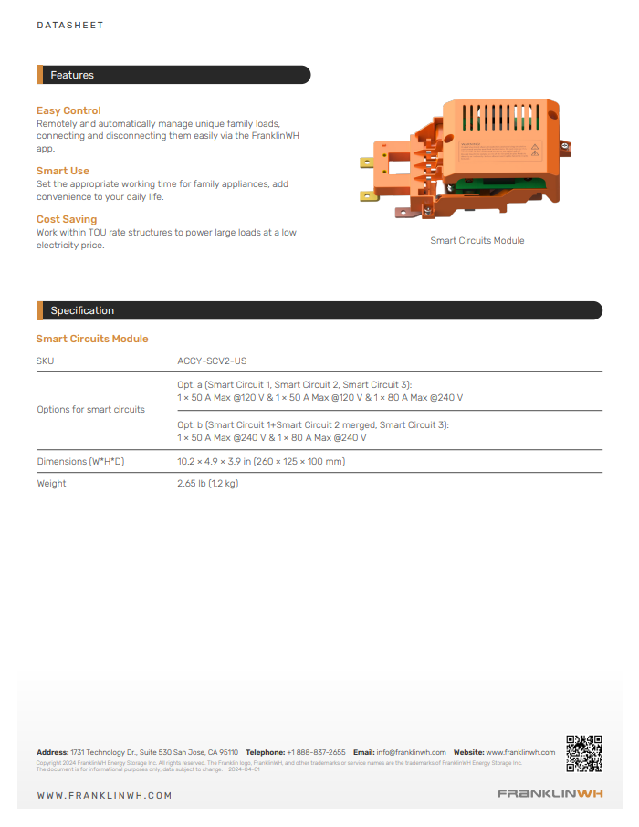 FranklinWH Smart Controllable Circuits Module (ACCY-SCV2-US) datasheet spec sheet