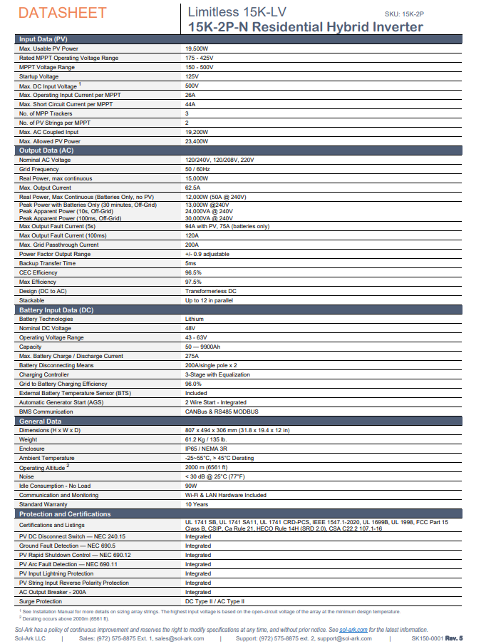 Sol-Ark Whole Home 15K-2P Hybrid Inverter, 15K-2P datasheet spec sheet