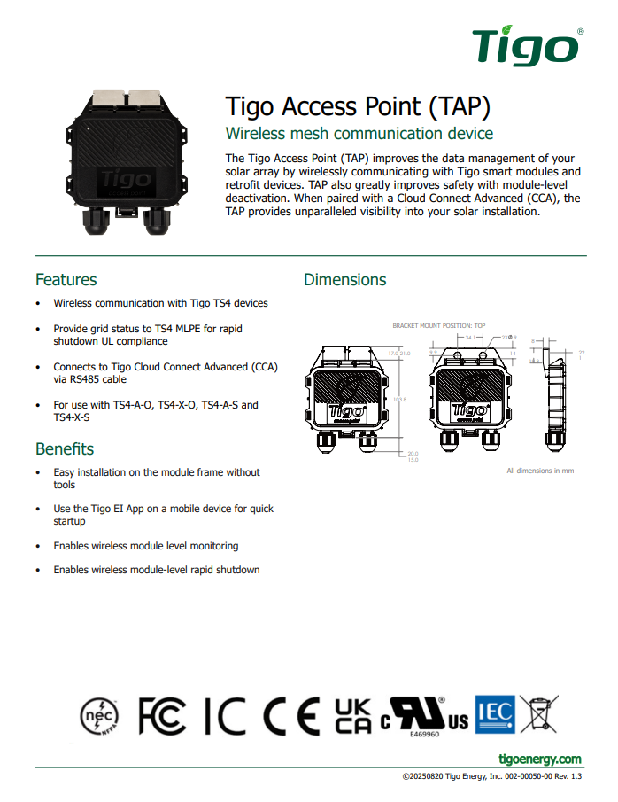 Tigo Access Point spec sheet datasheet