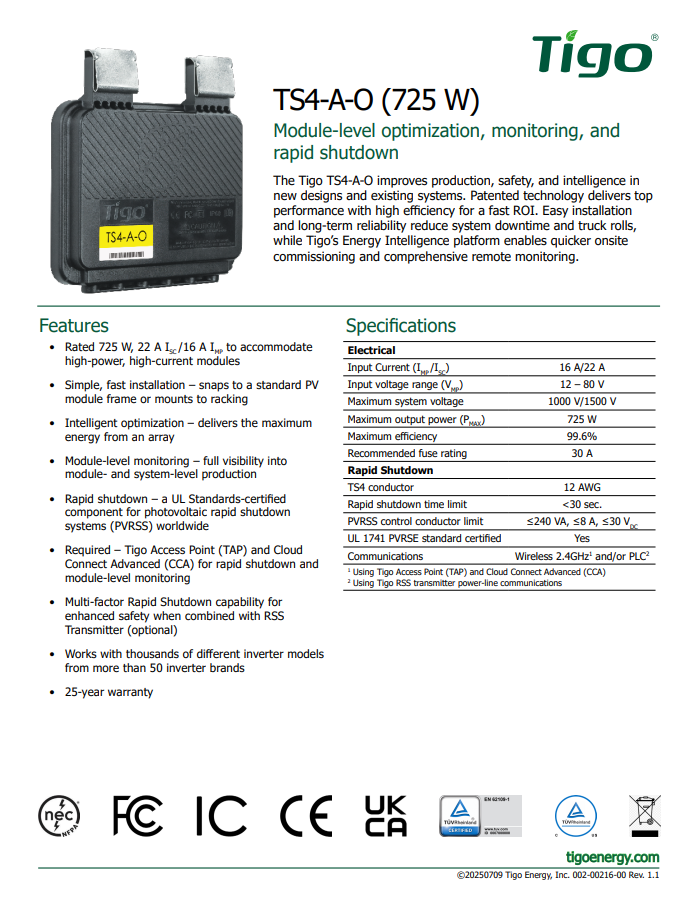 Tigo RSD Optmizer 22A TS4-A-O Spec sheet datasheet