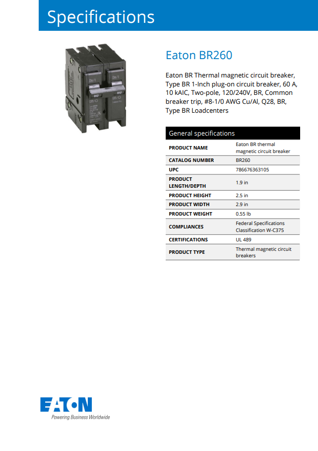 Eaton 2 Pole 60A Circuit Breaker - product photo