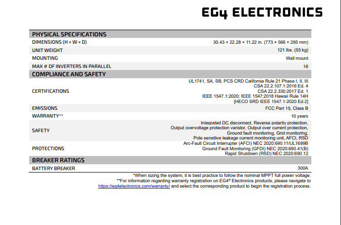 EG4 FlexBOSS21 16kW AC Hybrid Inverter (1589004) - datasheet specifications