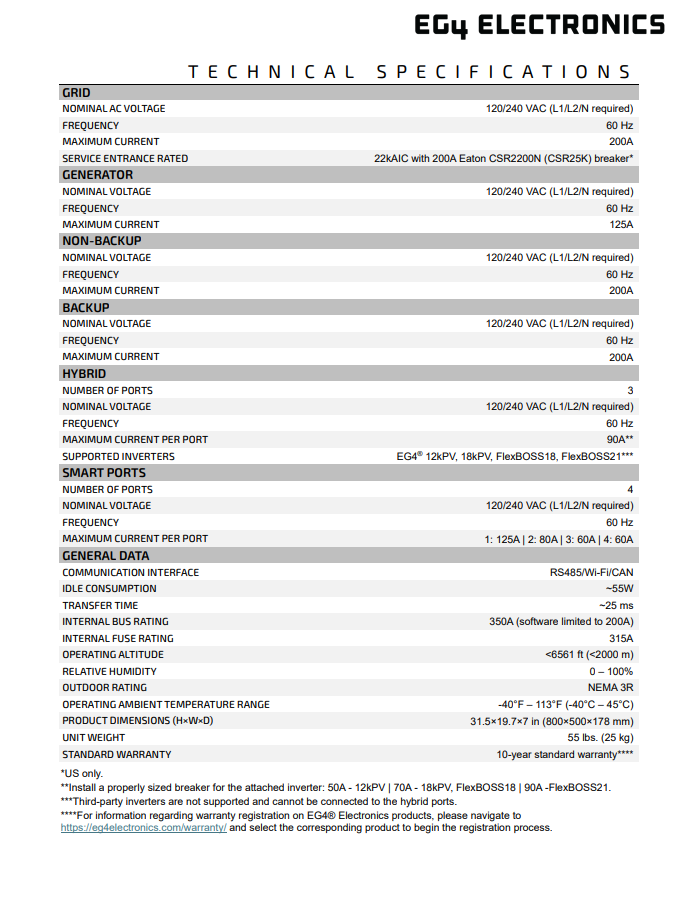 EG4 GridBoss MID 200A V3.1 (1511048-V3.1) - datasheet specifications