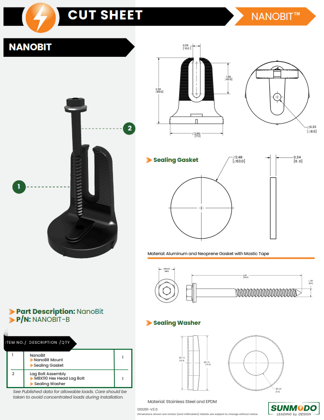 Sunmodo NanoBit-B Metal Roof Mount spec sheet