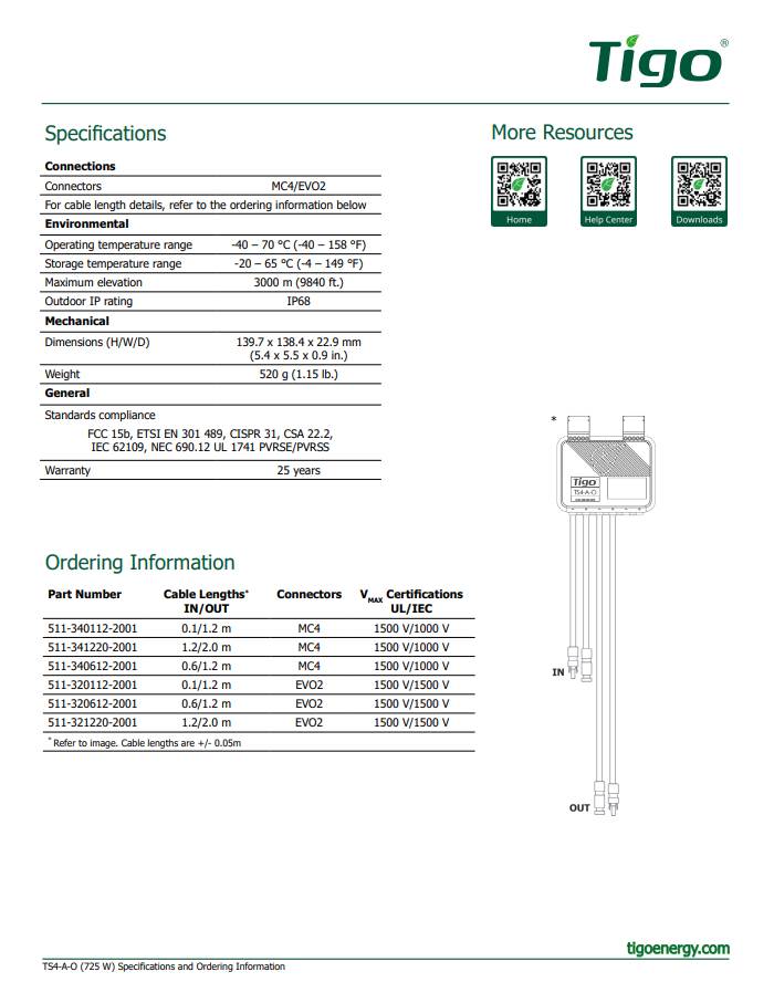 Tigo RSD Optmizer 22A TS4-A-O spec sheet datasheet