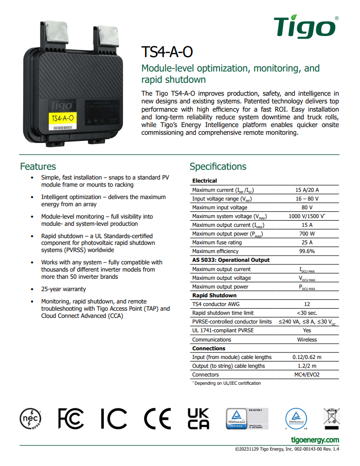 Tigo RSD Optmizer 22A TS4-A-O spec sheet datasheet
